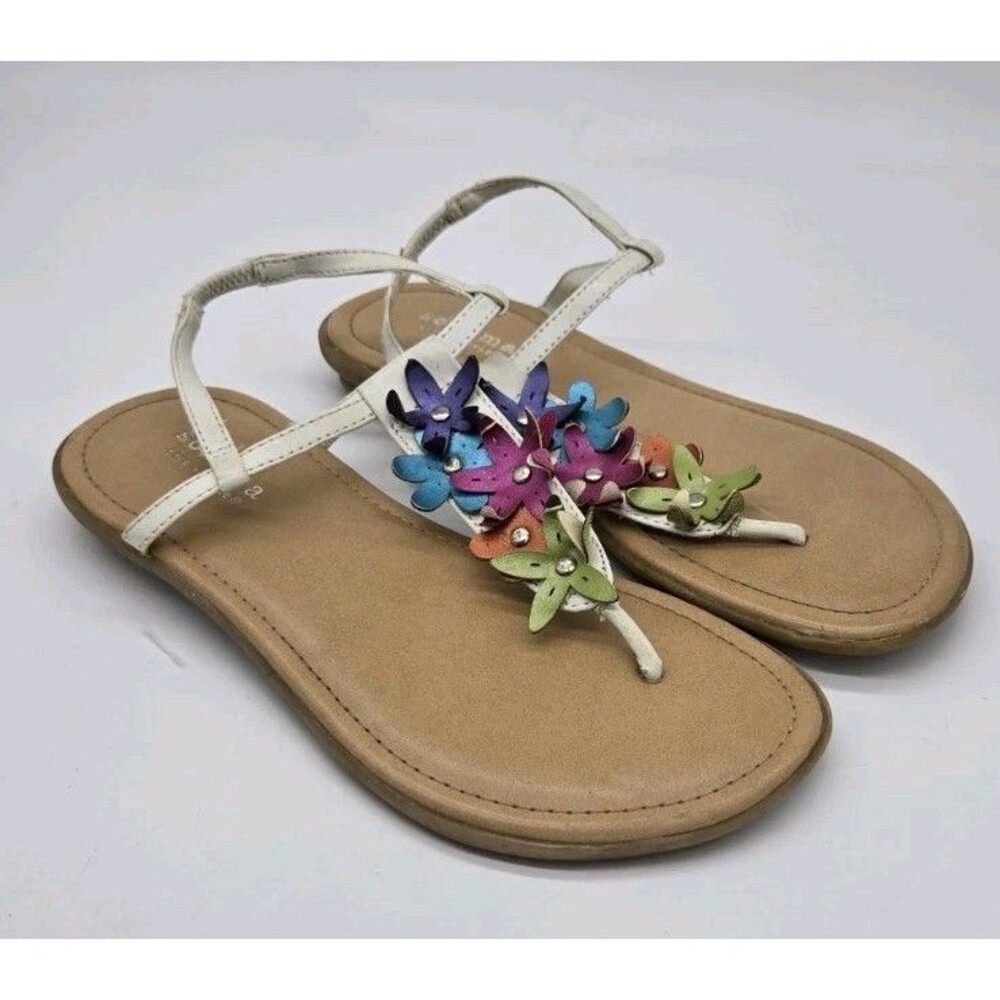 Sonoma Girls Flat Strappy Sandals White With Flowers Girls Size 1 Thin Pull On